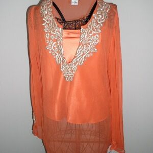 NWT Coral SILK Chiffon Blouse and SILK Satin matching camisole set